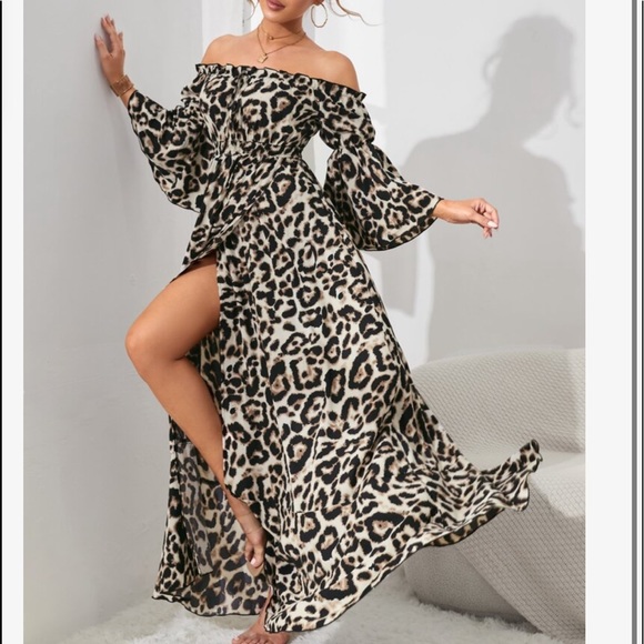 Boho Leopard Print Off Shoulder Slit Maxi Smocked Waist Dress - Picture 2 of 6